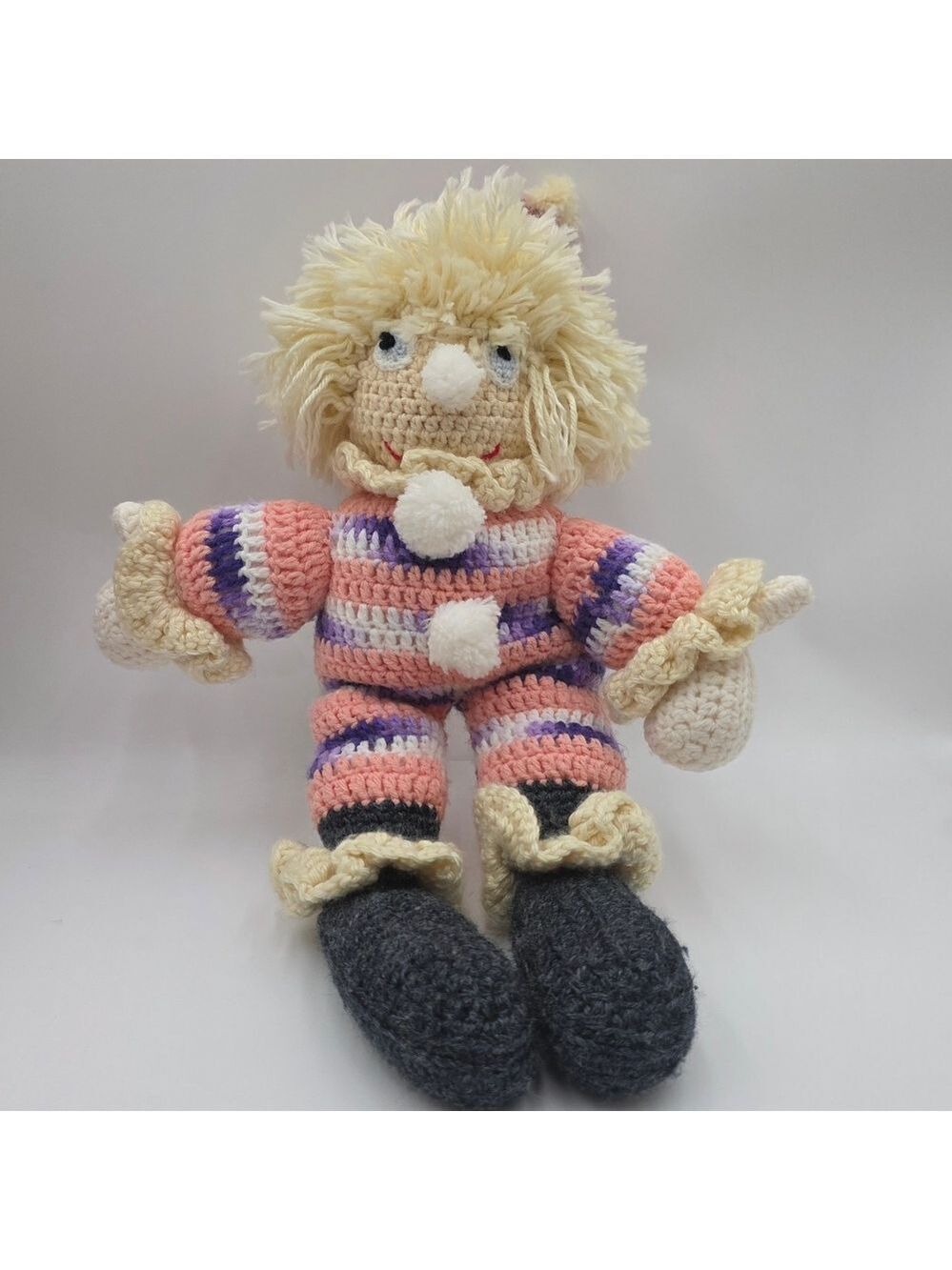 Vintage Crochet  Knitted Clown Doll Plush - Pink, Purple, and Black